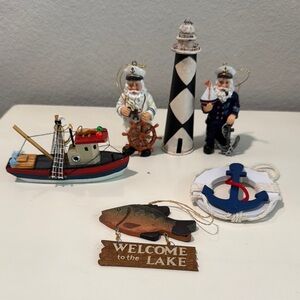 Nautical Holiday Ornament Set with Lighthouse, 2 Sailor Santas, shrimp boat etc